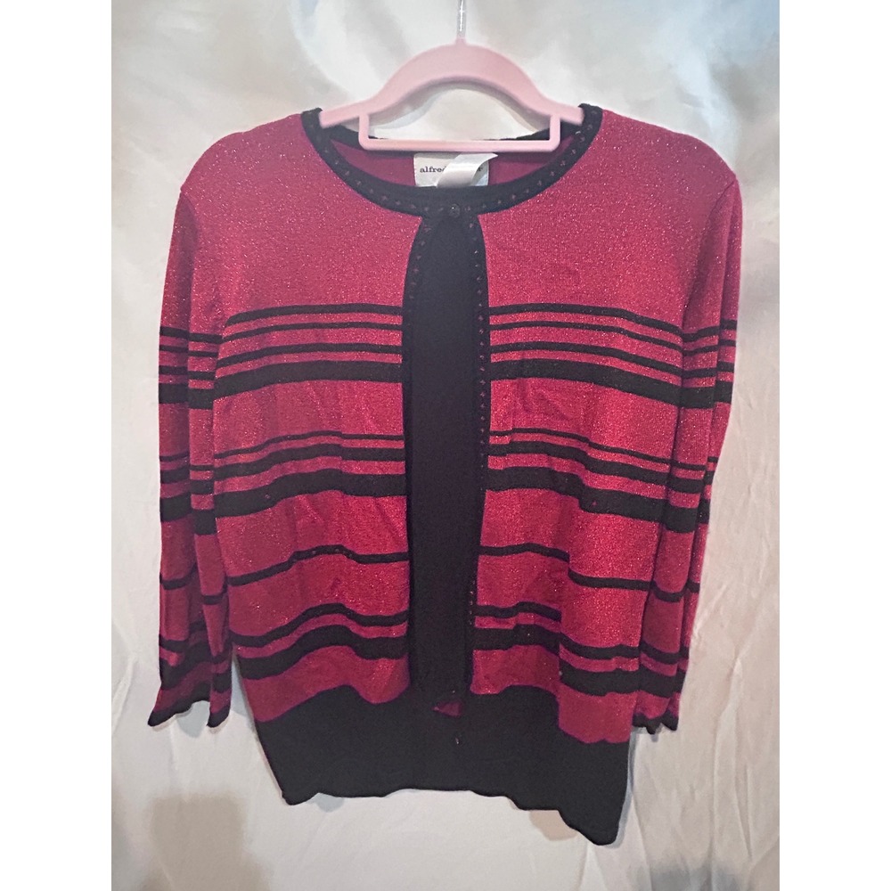 Alfred Dunner Women's Red Black Striped Sparkle‎ Cardigan Sweater Size L